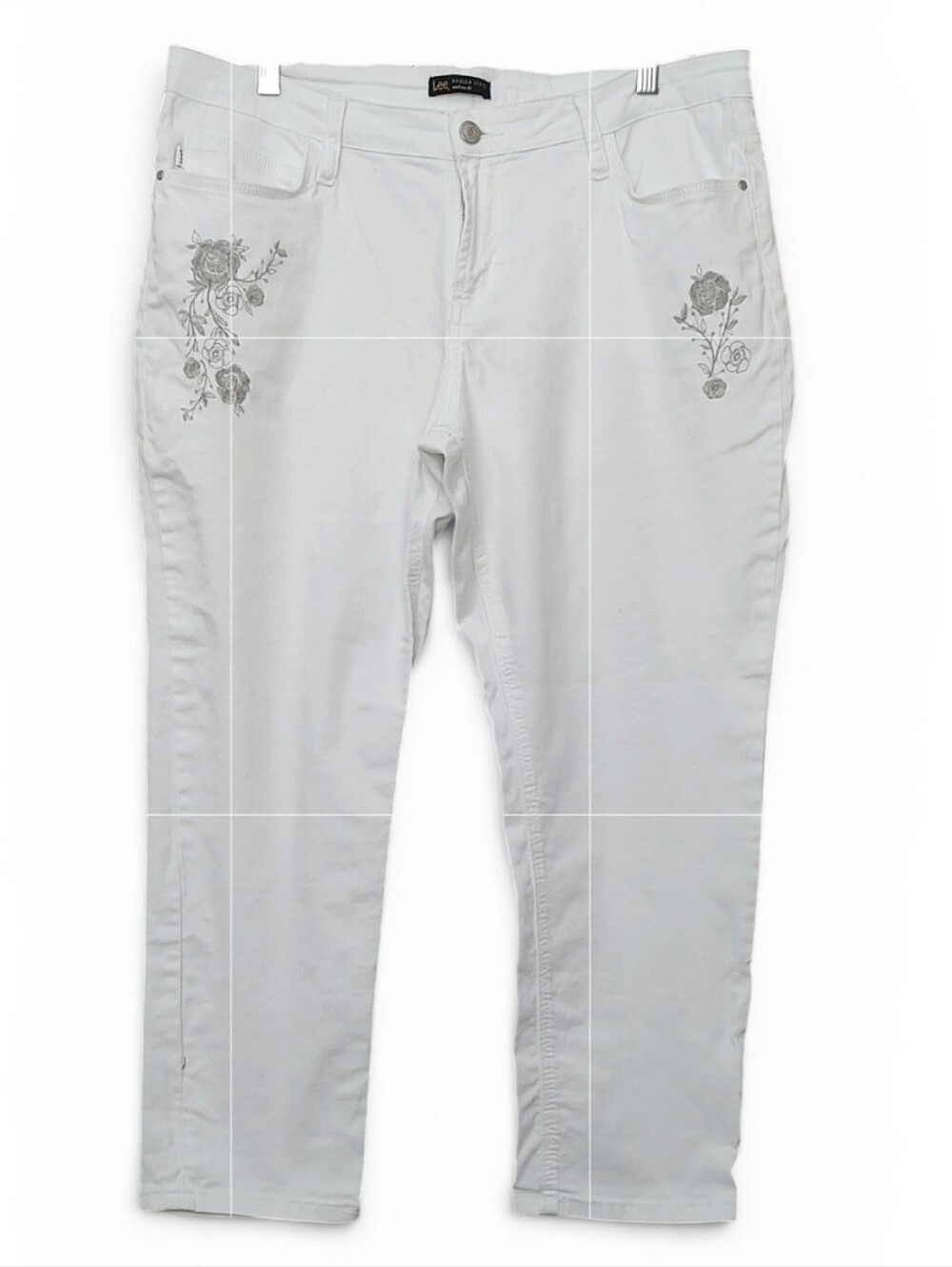 Lee White Ankle Jeans with Gray Floral Embroidery Sz 16